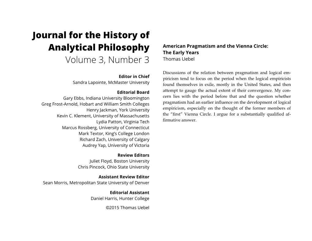 Journal for the History of Analytical Philosophy Volume 3, Number 3