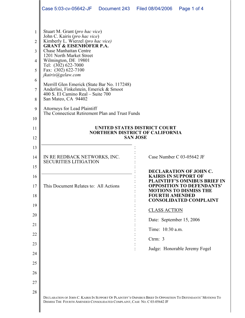 In Re Redback Networks, Inc. Securities Litigation 03-CV-05642