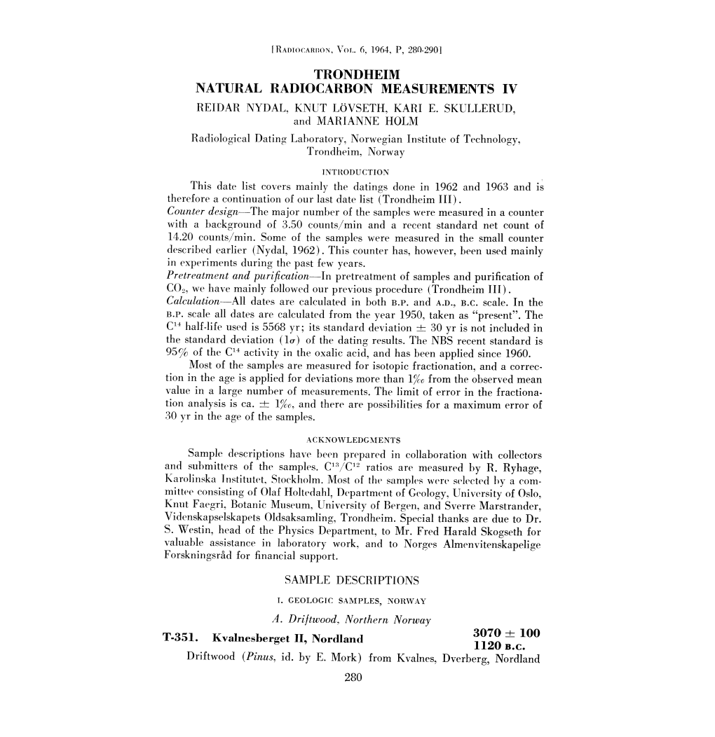 Trondheim Natural Radiocarbon Measurements Iv Reidar Nydal, Knut Lovseth, Kari E