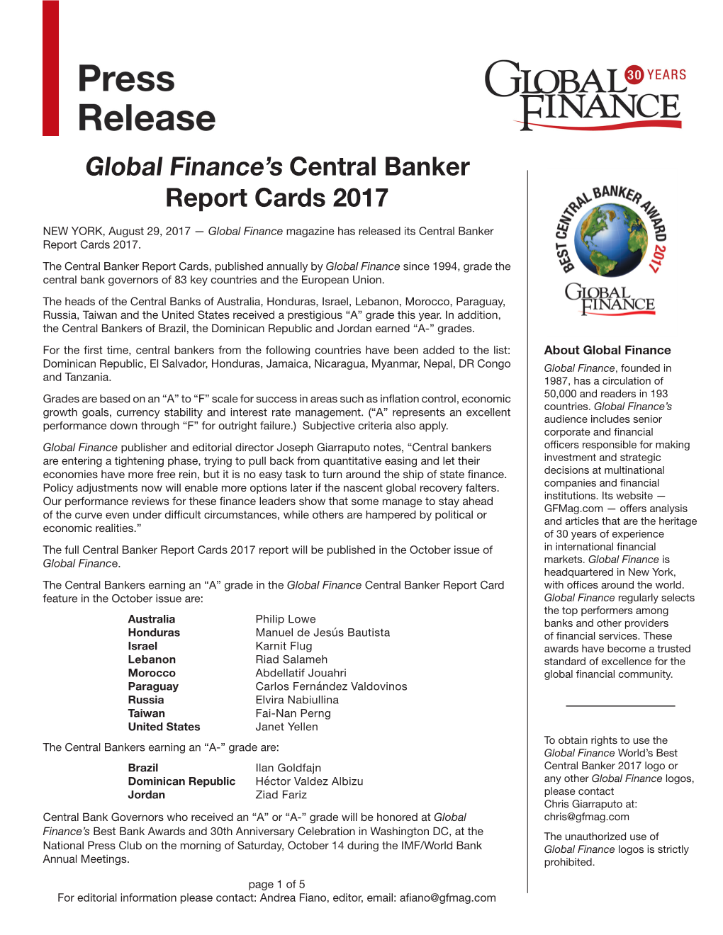 Global Finance's Central Banker Report Cards 2017