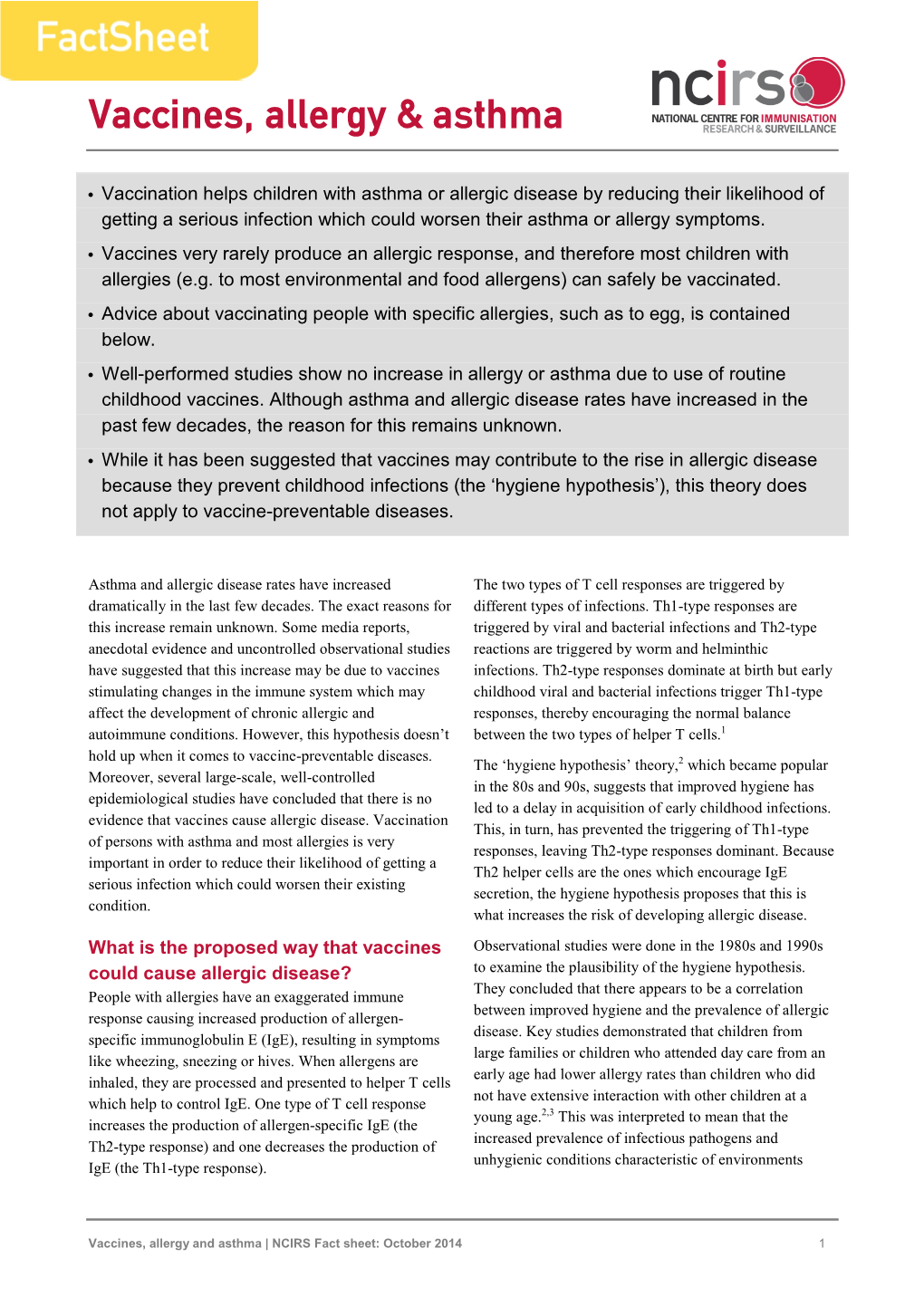 Vaccines Allergy and Asthma Fact Sheet