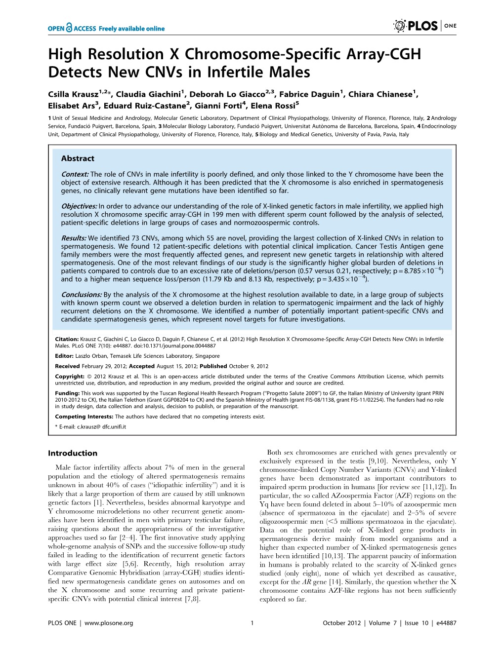 High Resolution X Chromosome-Specific Array-CGH Detects New Cnvs in Infertile Males