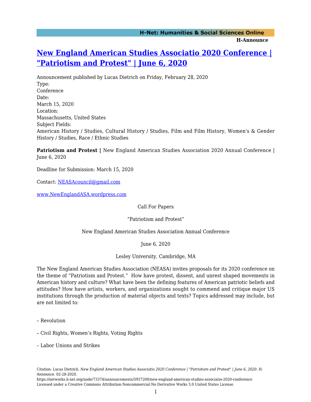 New England American Studies Associatio 2020 Conference | 