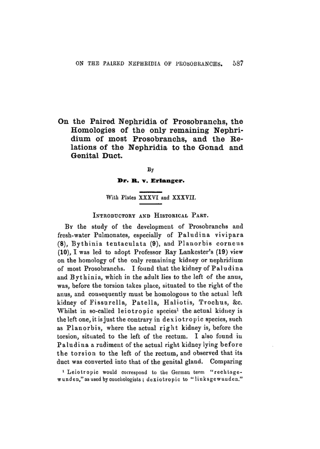 On the Paired Nephridia of Prosobranchs, the Homologies of the Only Remaining Nephri- Dium of Most Prosobranchs, and the Re