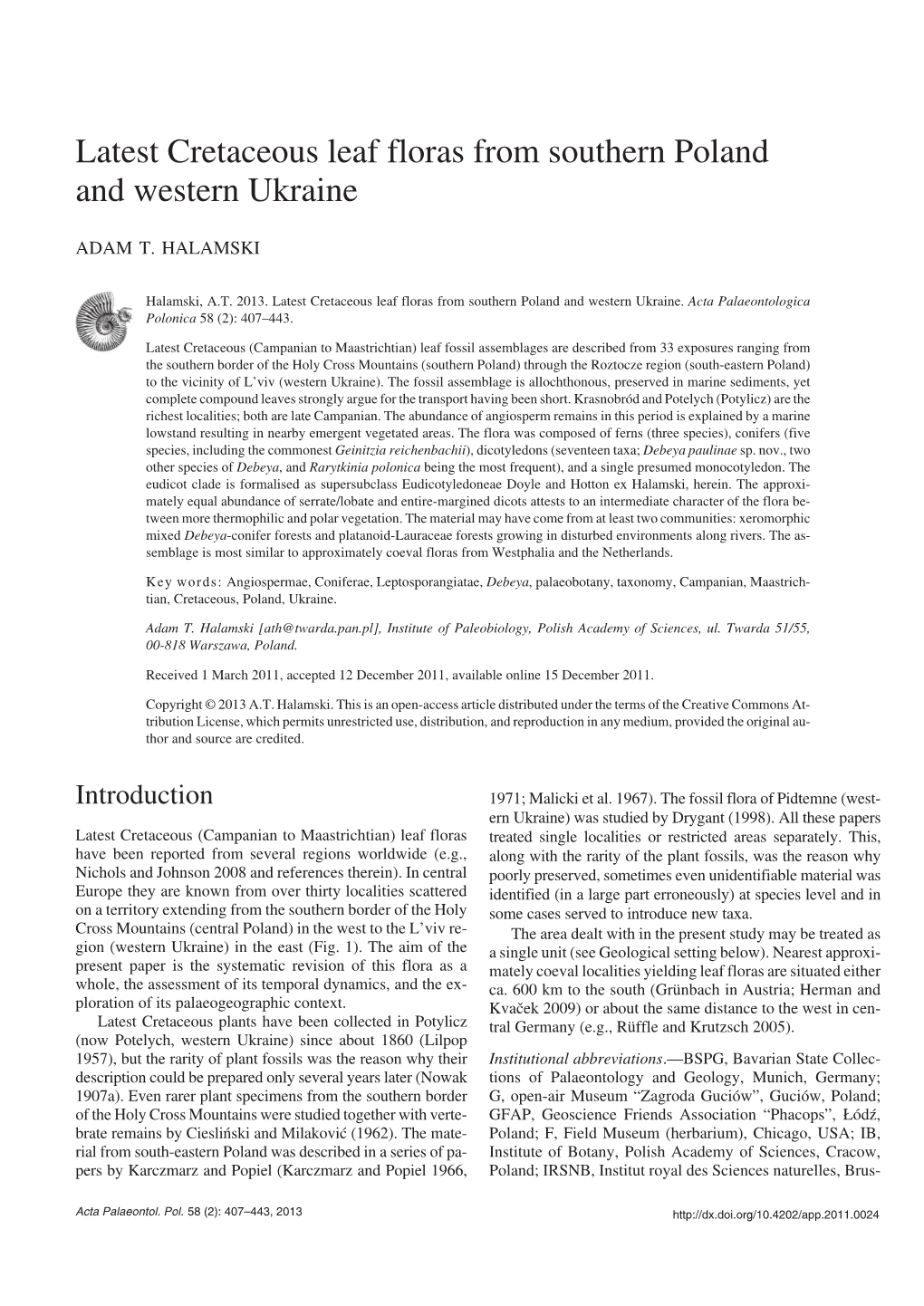 Latest Cretaceous Leaf Floras from Southern Poland and Western Ukraine