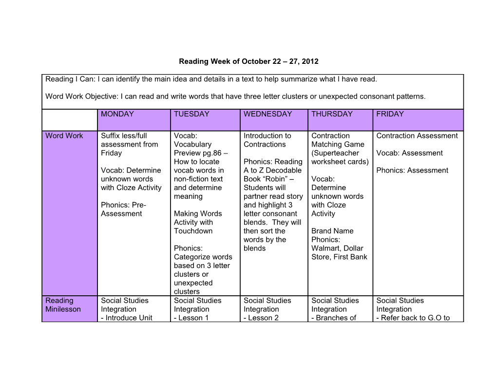 Reading Week of October 22 27, 2012