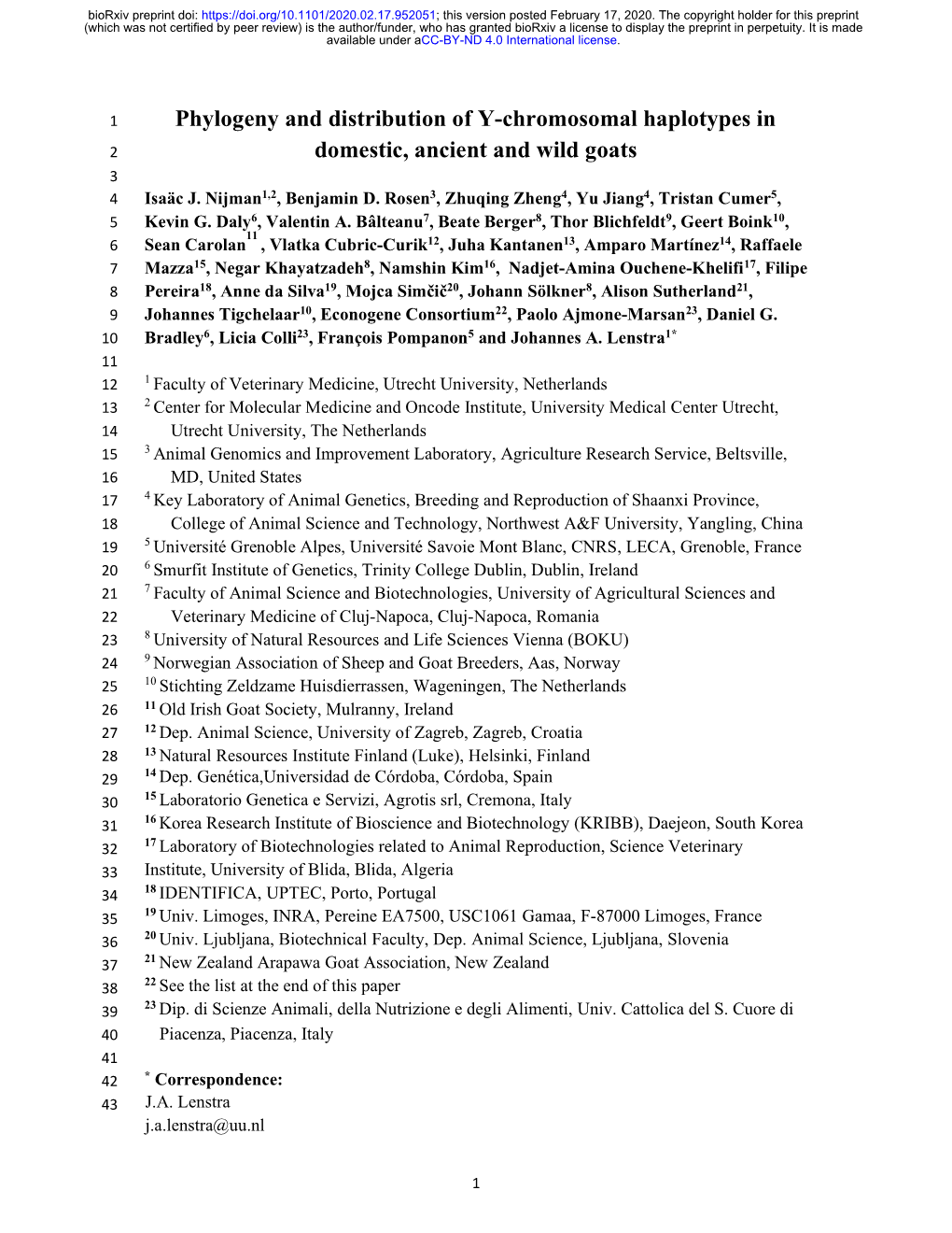 Phylogeny and Distribution of Y-Chromosomal Haplotypes in 2 Domestic, Ancient and Wild Goats 3 4 Isaäc J