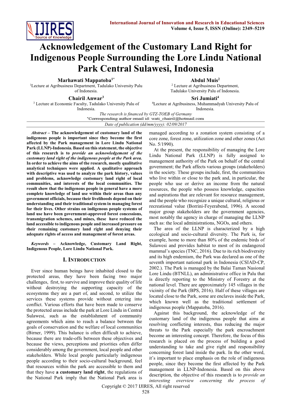 Acknowledgement of the Customary Land Right for Indigenous People Surrounding the Lore Lindu National Park Central Sulawesi, Indonesia