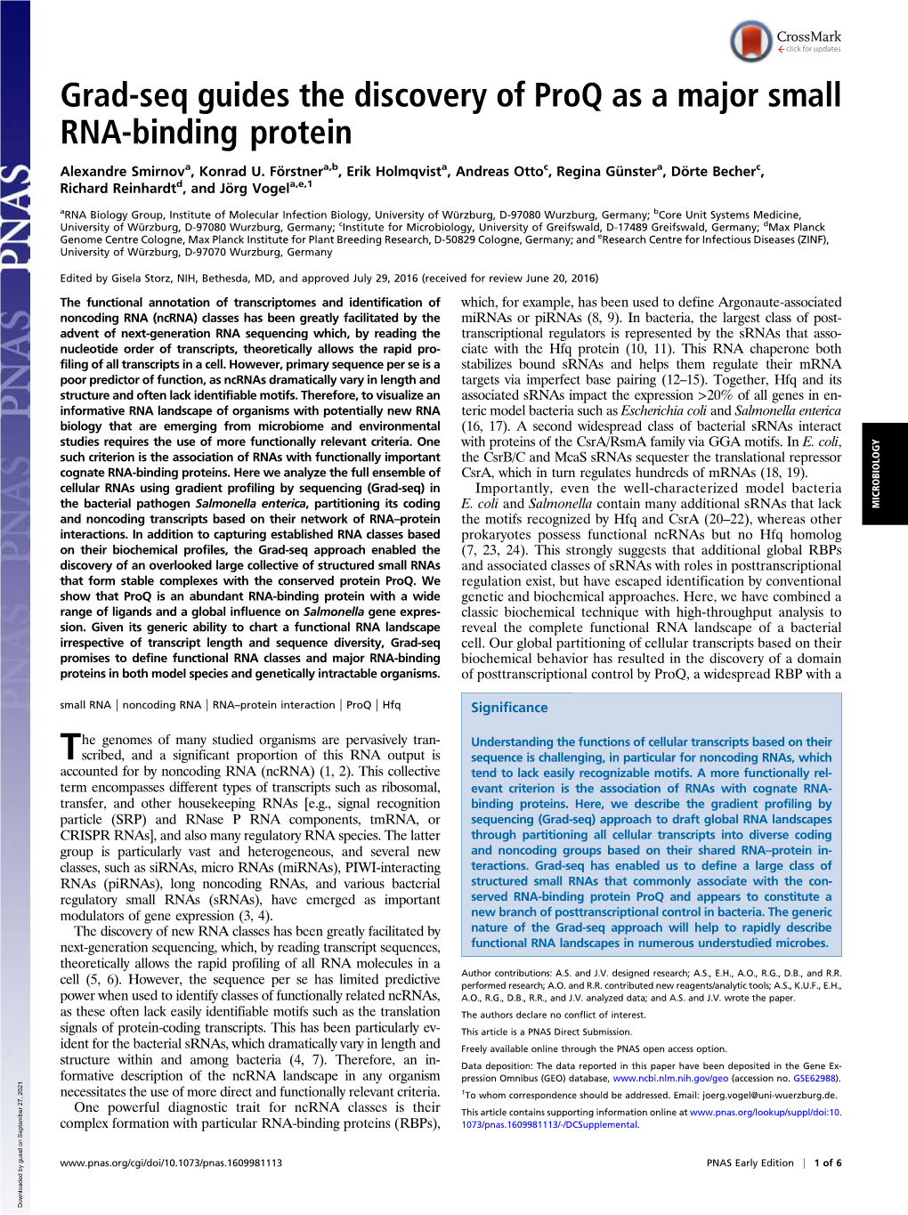 Grad-Seq Guides the Discovery of Proq As a Major Small RNA-Binding Protein