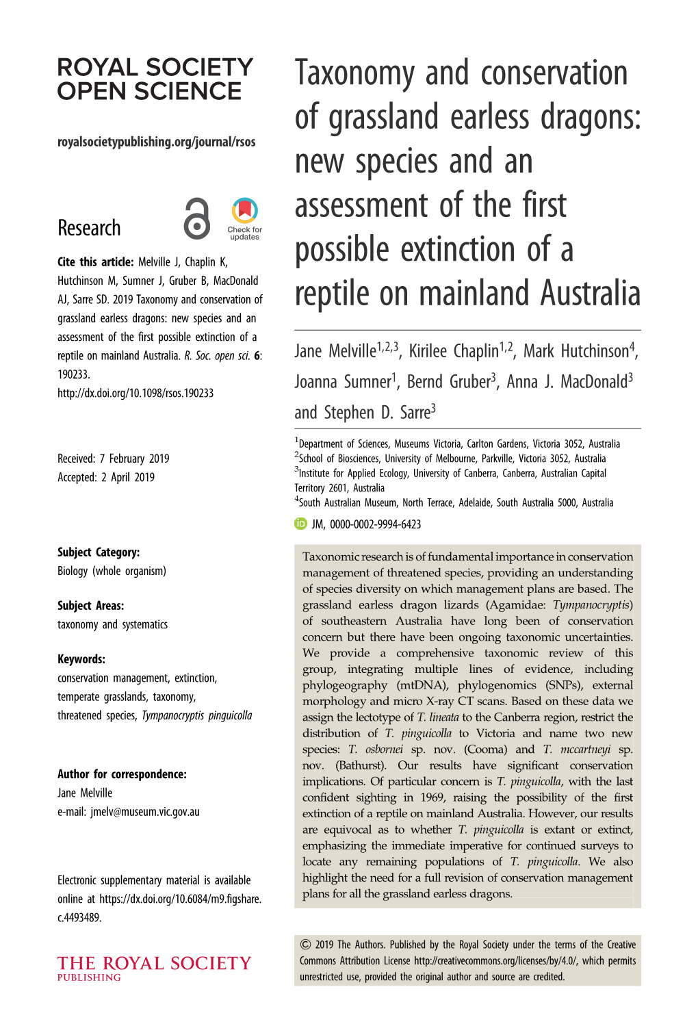 Taxonomy and Conservation of Grassland Earless Dragons: Royalsocietypublishing.Org/Journal/Rsos New Species and an Assessment of the First Research