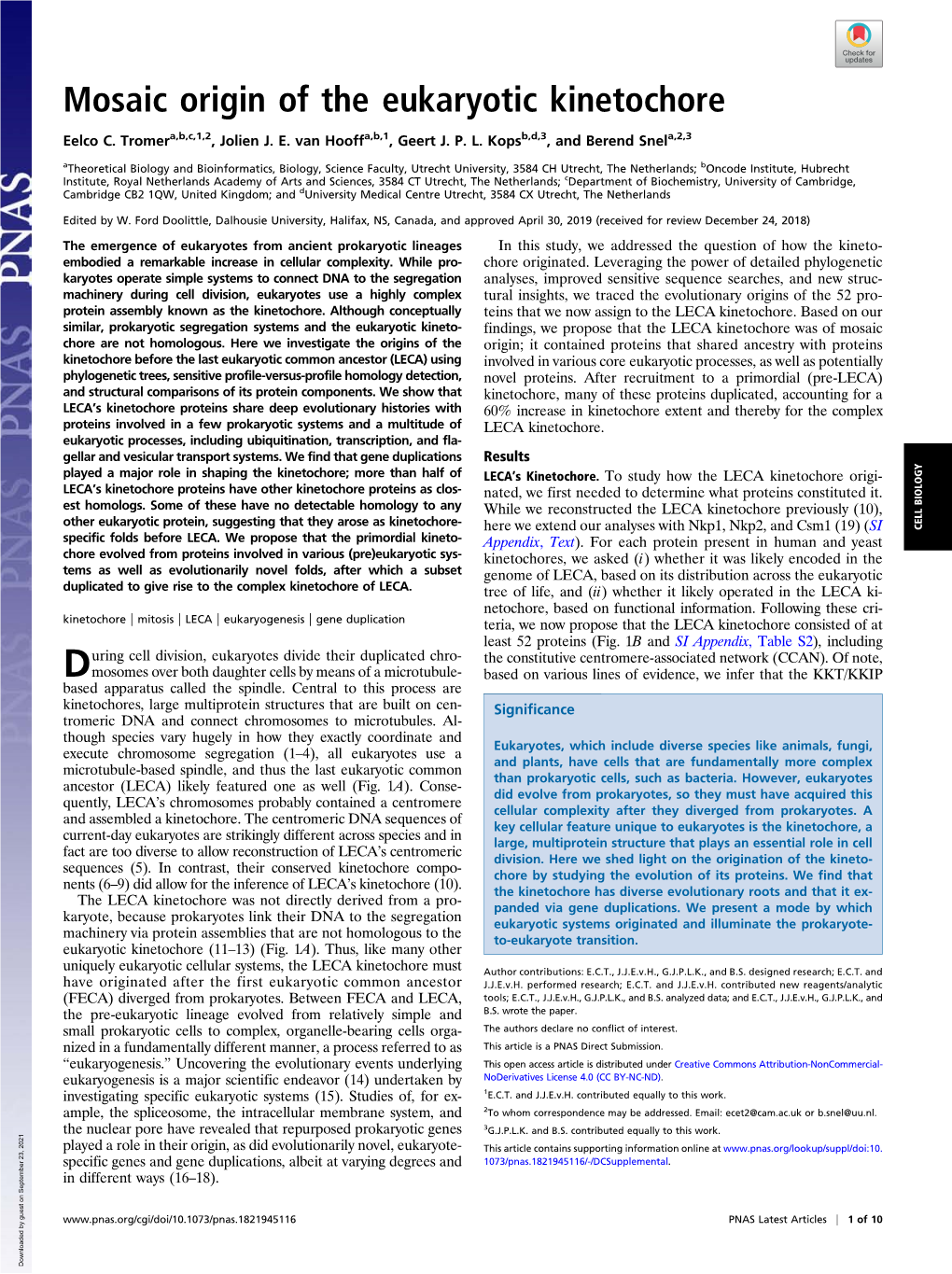 Mosaic Origin of the Eukaryotic Kinetochore