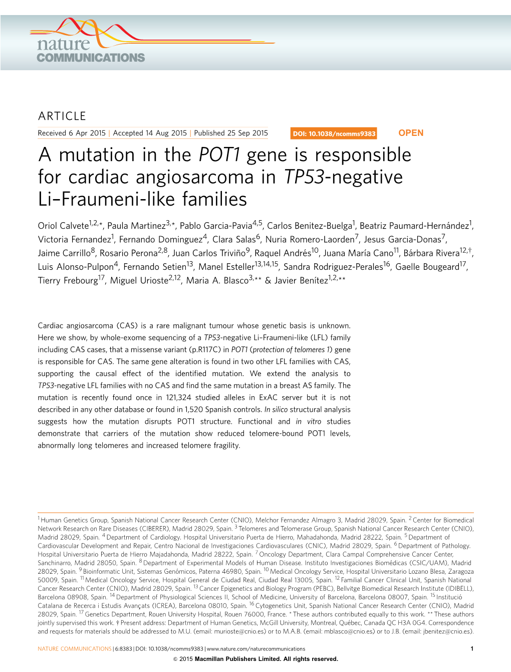A Mutation in the POT1 Gene Is Responsible for Cardiac Angiosarcoma in TP53-Negative Li–Fraumeni-Like Families
