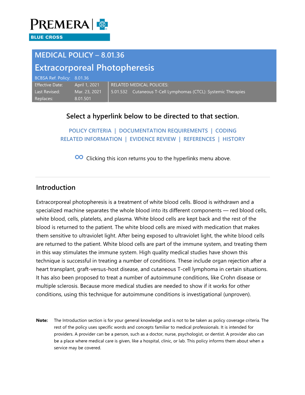 8.01.36 Extracorporeal Photopheresis BCBSA Ref