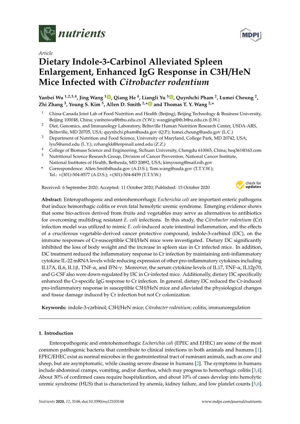 Dietary Indole-3-Carbinol Alleviated Spleen Enlargement, Enhanced Igg Response in C3H/Hen Mice Infected with Citrobacter Rodentium