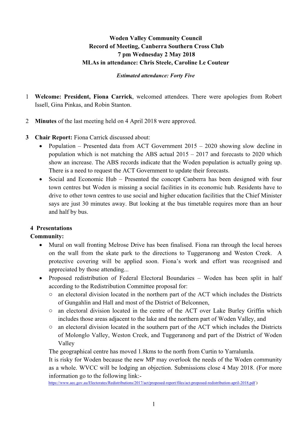 1 Woden Valley Community Council Record of Meeting, Canberra