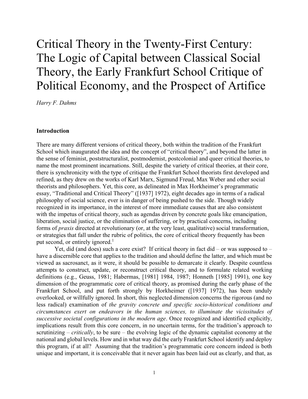 Critical Theory in the Twenty-First Century: the Logic of Capital