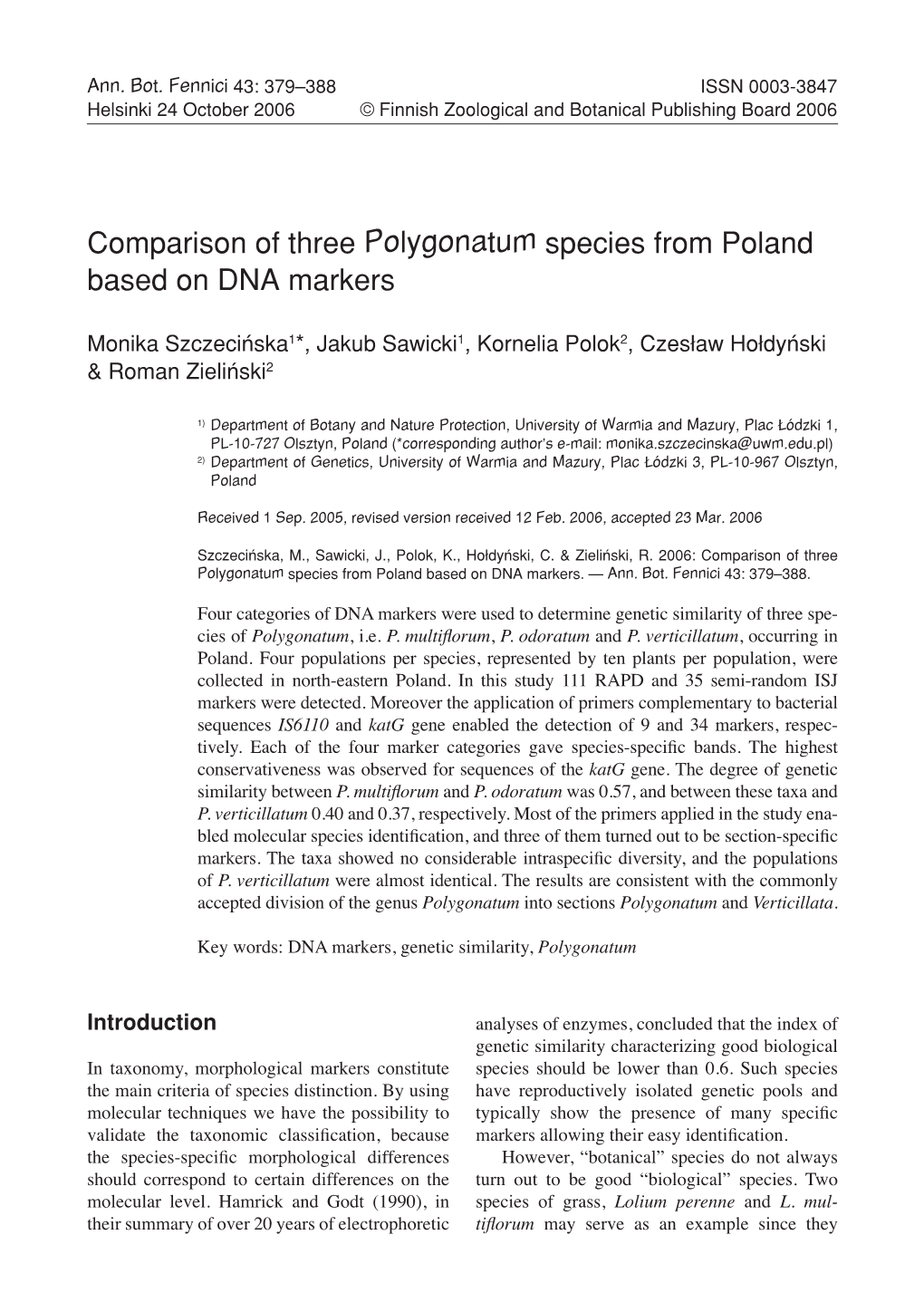 Comparison of Three Polygonatum Species from Poland Based on DNA Markers