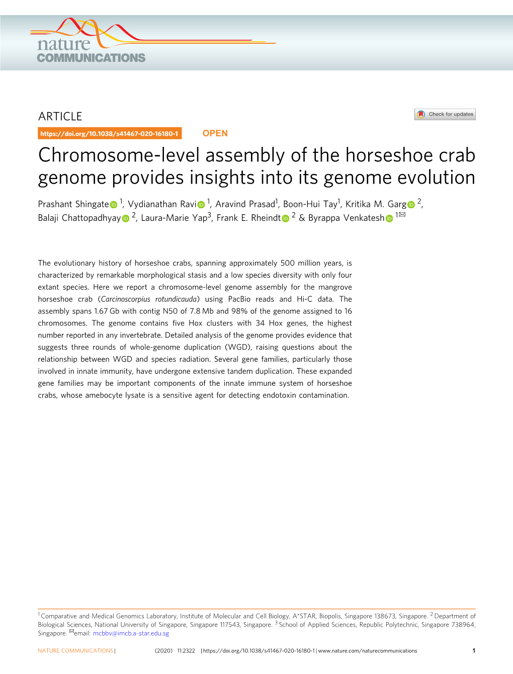 Chromosome-Level Assembly of the Horseshoe Crab Genome Provides Insights Into Its Genome Evolution