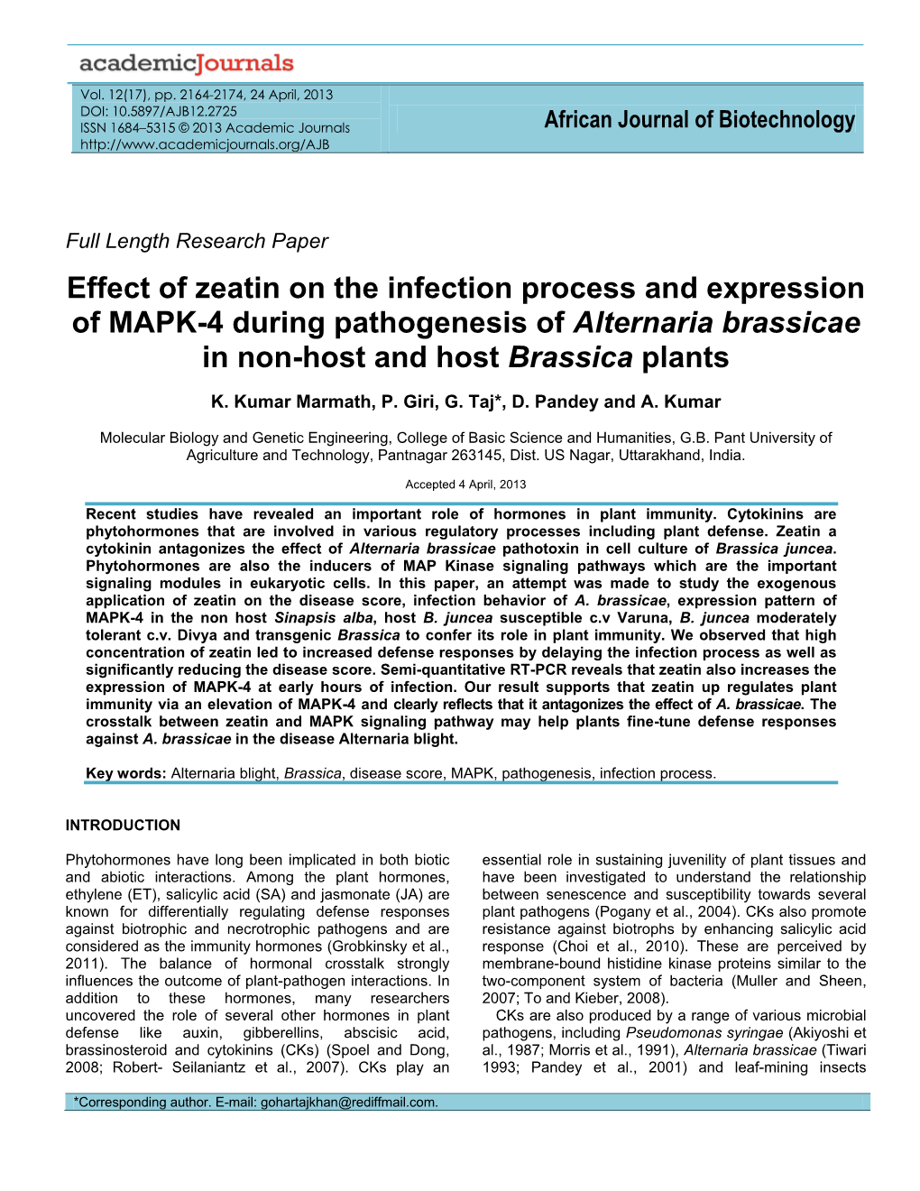 Effect of Zeatin on the Infection Process and Expression of MAPK-4 During Pathogenesis of Alternaria Brassicae in Non-Host and Host Brassica Plants