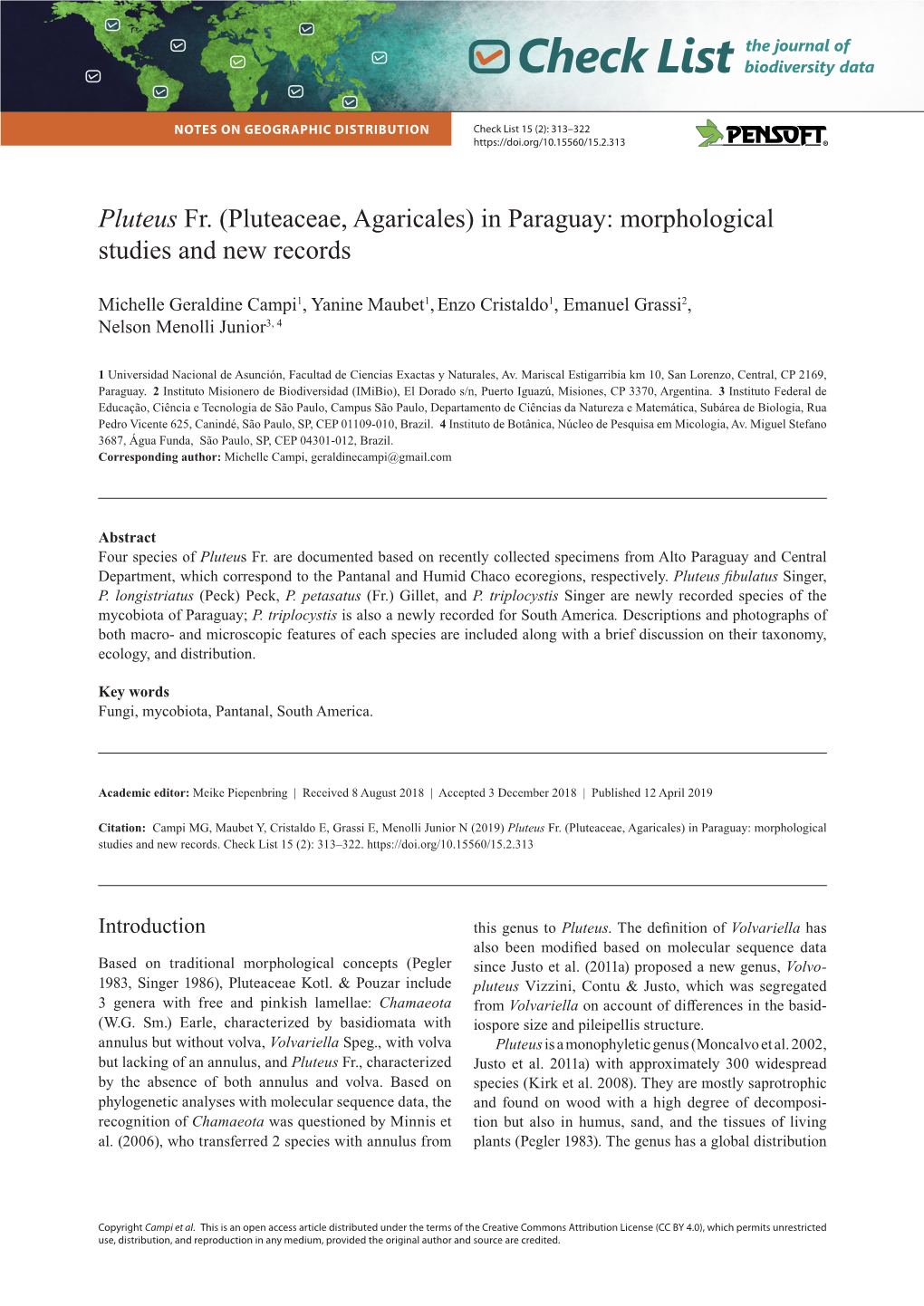 Pluteus Fr. (Pluteaceae, Agaricales) in Paraguay: Morphological Studies and New Records