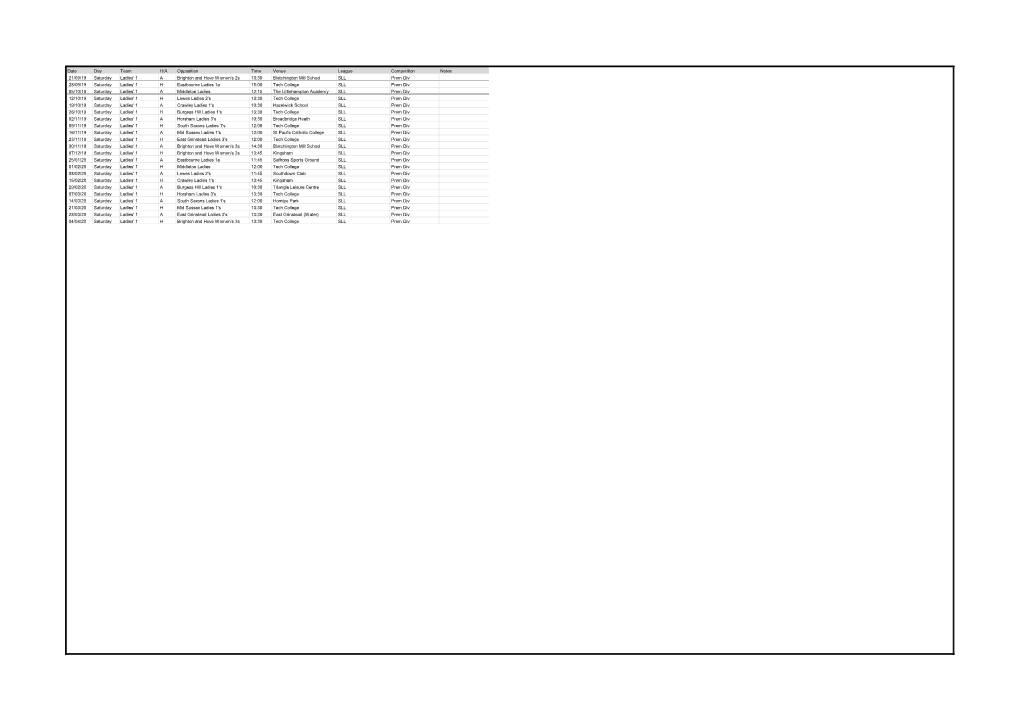 Date Day Team H/A Opposition Time Venue League Competition