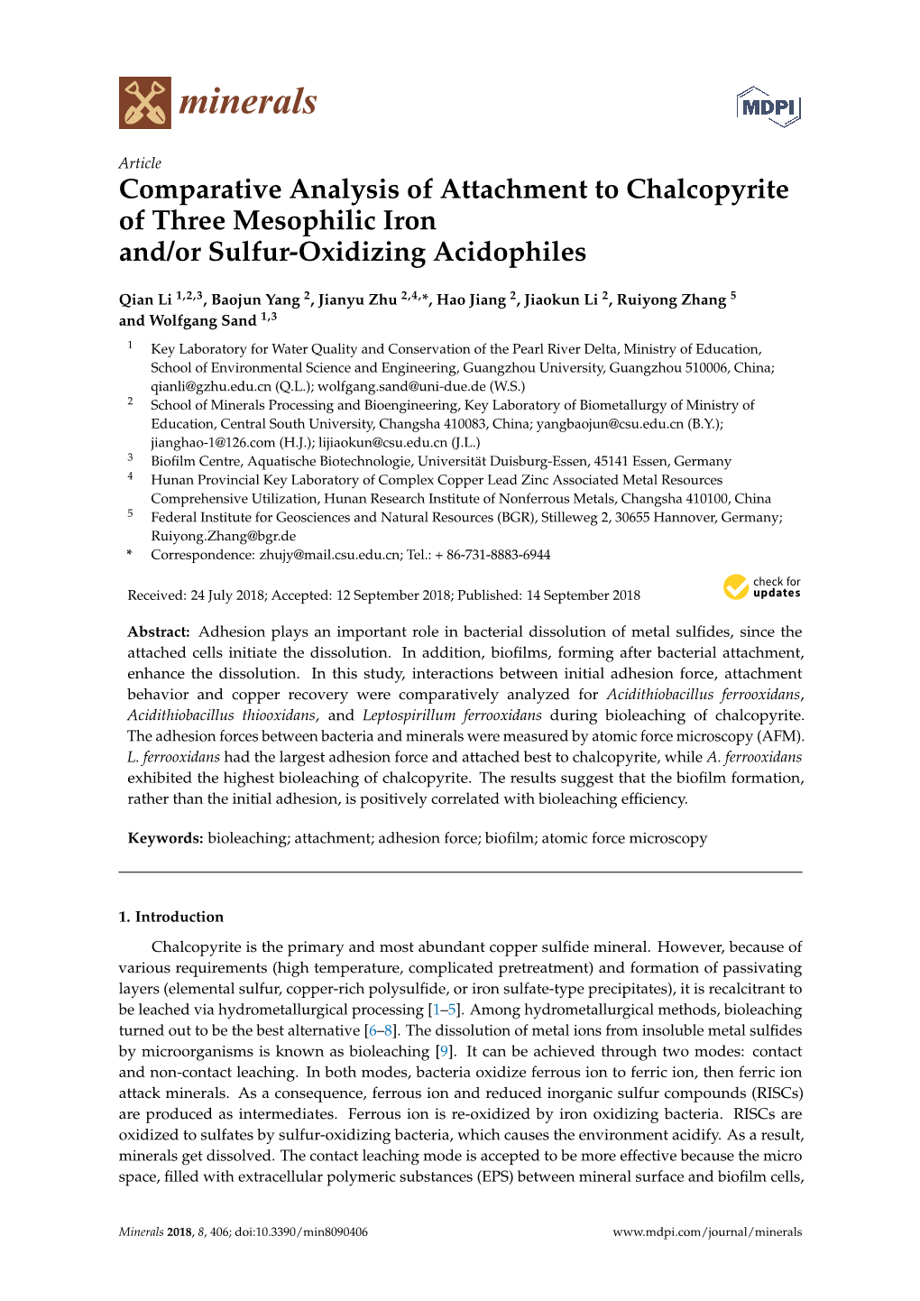 Comparative Analysis of Attachment to Chalcopyrite of Three Mesophilic Iron And/Or Sulfur-Oxidizing Acidophiles