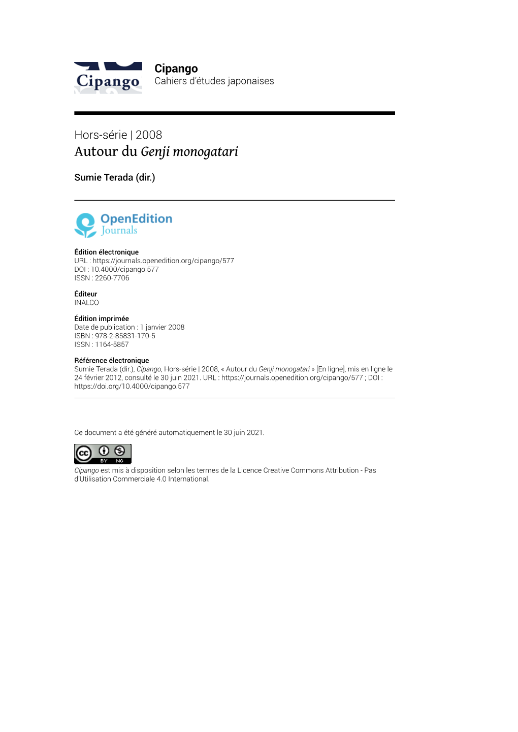 Cipango, Hors-Série | 2008, « Autour Du Genji Monogatari » [En Ligne], Mis En Ligne Le 24 Février 2012, Consulté Le 30 Juin 2021