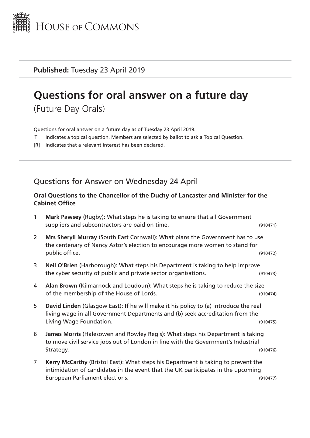 Future Oral Questions As of Tue 23 Apr 2019