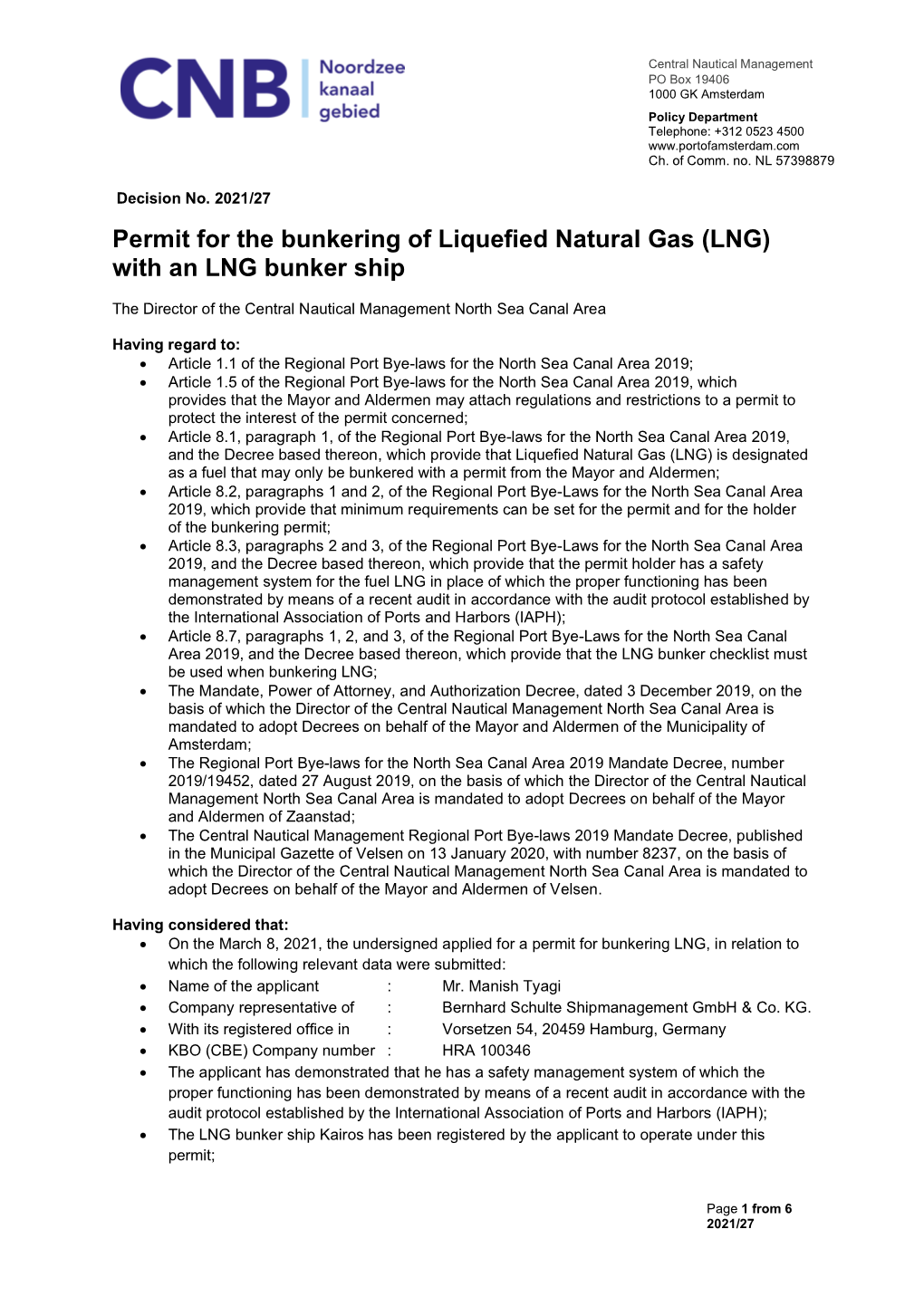 Permit for the Bunkering of Liquefied Natural Gas (LNG) with an LNG Bunker Ship