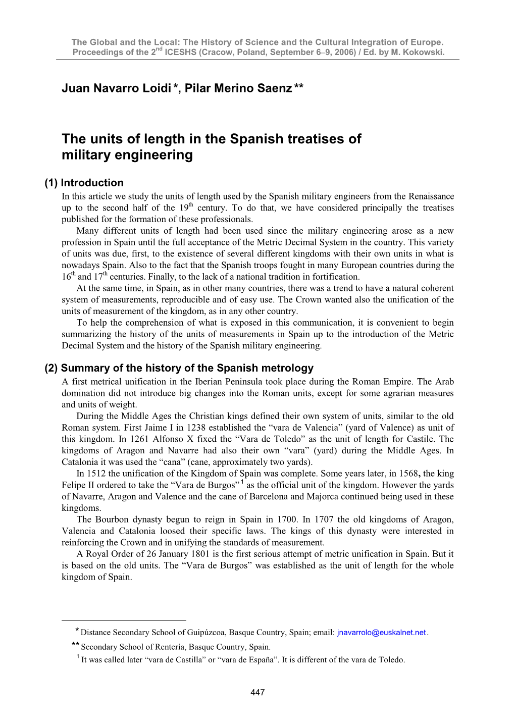 The Units of Length in the Spanish Treatises of Military Engineering