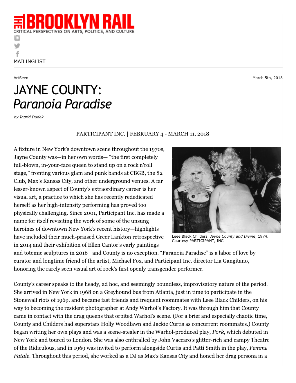 JAYNE COUNTY: Paranoia Paradise | the Brooklyn Rail