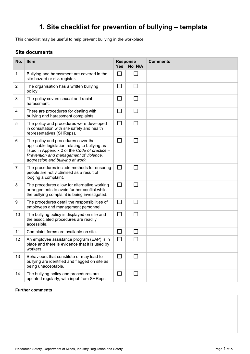 MS - Prevention of Bullying - Site Checklist