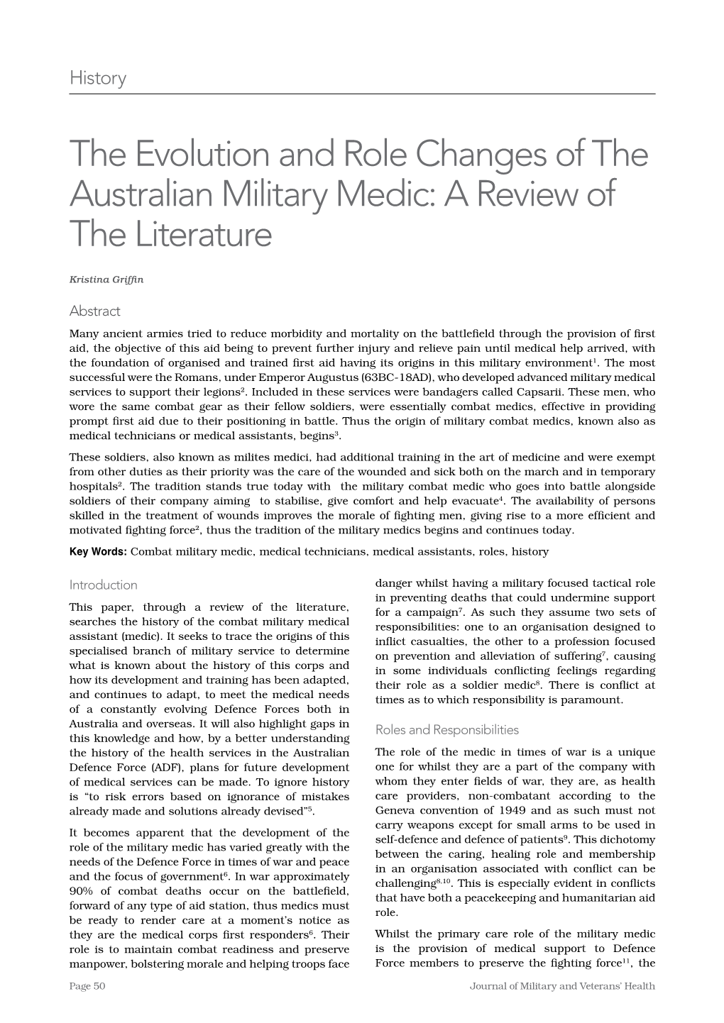 The Evolution and Role Changes of the Australian Military Medic: a Review of the Literature