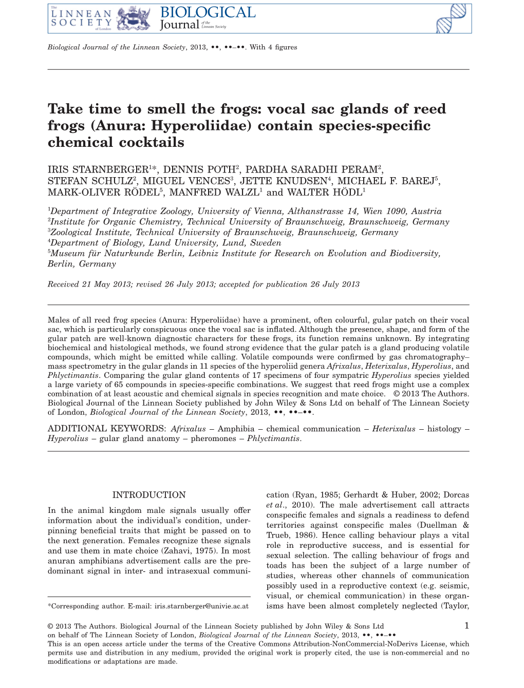 Vocal Sac Glands of Reed Frogs (Anura: Hyperoliidae) Contain Species-Speciﬁc Chemical Cocktails