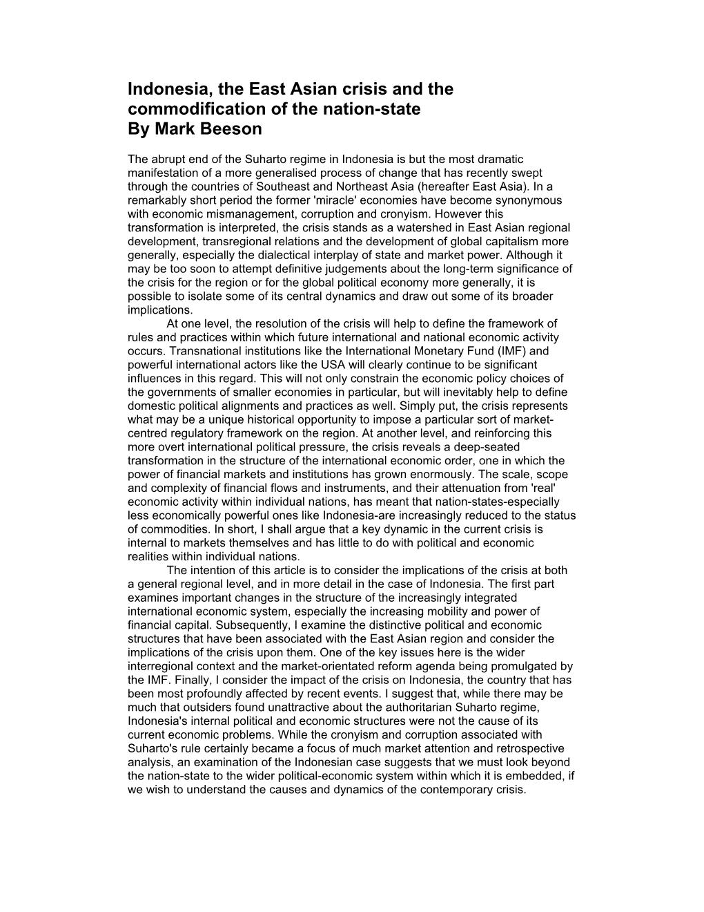 Indonesia, the East Asian Crisis and the Commodification of the Nation-State by Mark Beeson