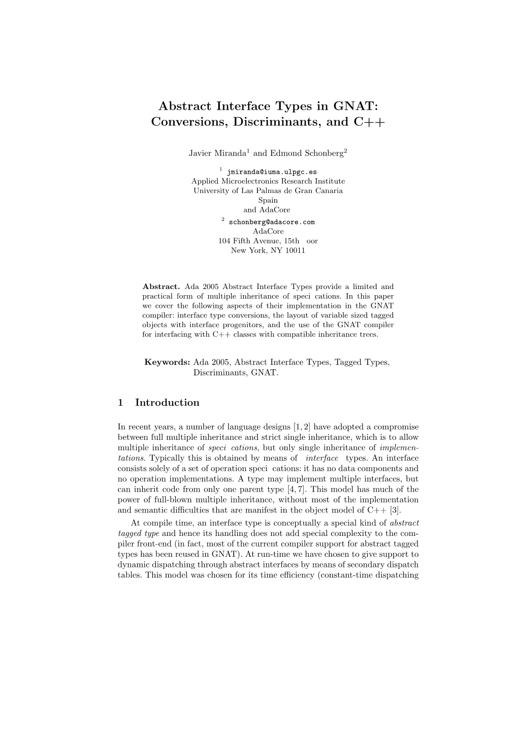 Abstract Interface Types in GNAT: Conversions, Discriminants, and C++