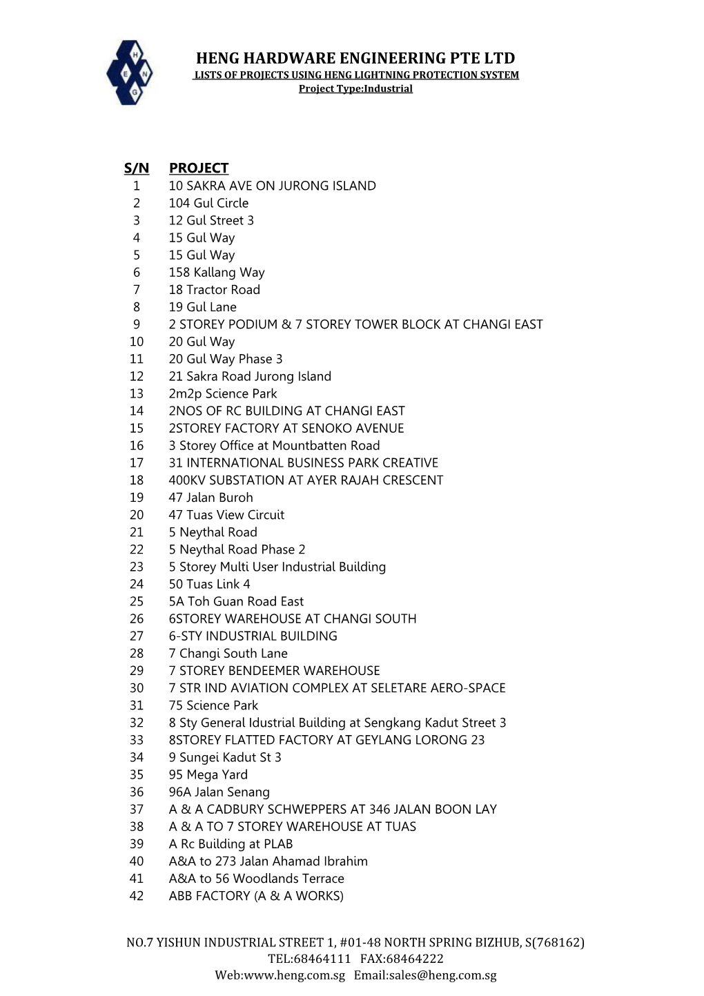 HENG HARDWARE ENGINEERING PTE LTD LISTS of PROJECTS USING HENG LIGHTNING PROTECTION SYSTEM Project Type:Industrial
