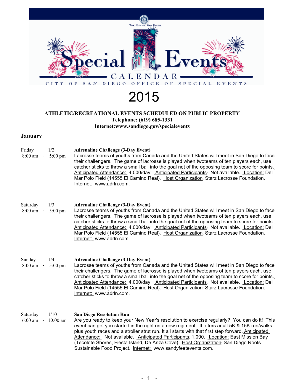 Special Events Calendar