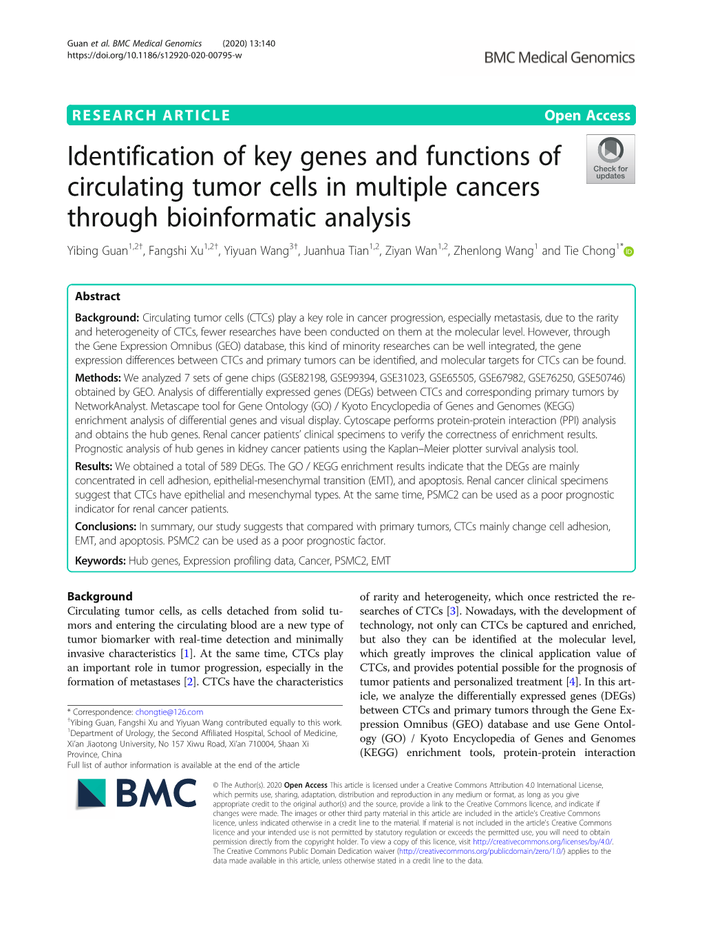 Identification of Key Genes and Functions of Circulating Tumor Cells