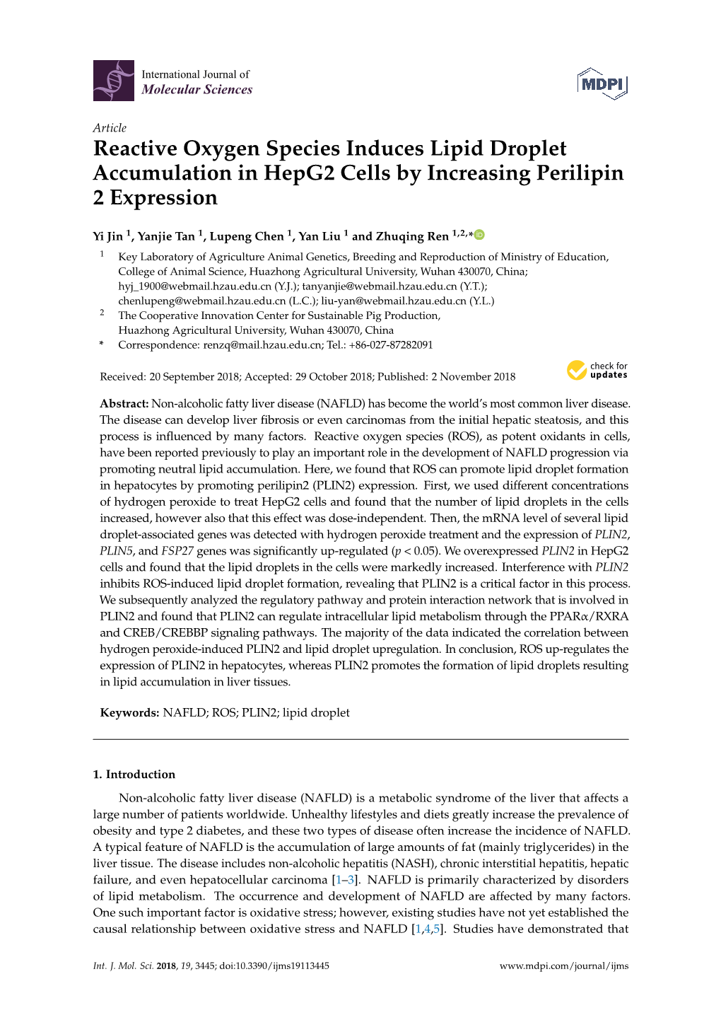 Reactive Oxygen Species Induces Lipid Droplet Accumulation in Hepg2 Cells by Increasing Perilipin 2 Expression