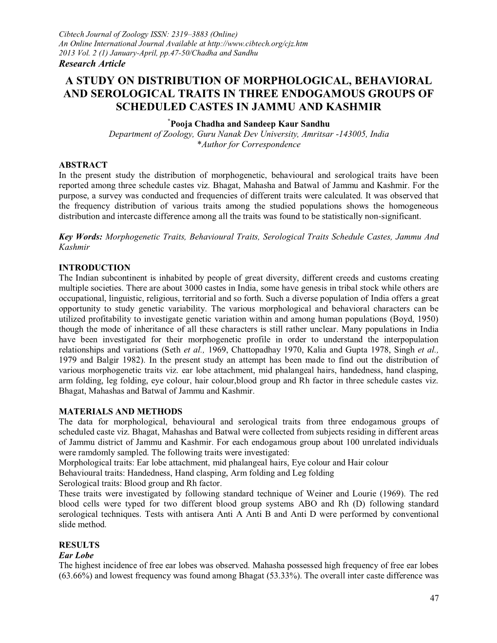 A Study on Distribution of Morphological, Behavioral and Serological Traits in Three Endogamous Groups of Scheduled Castes in Jammu and Kashmir