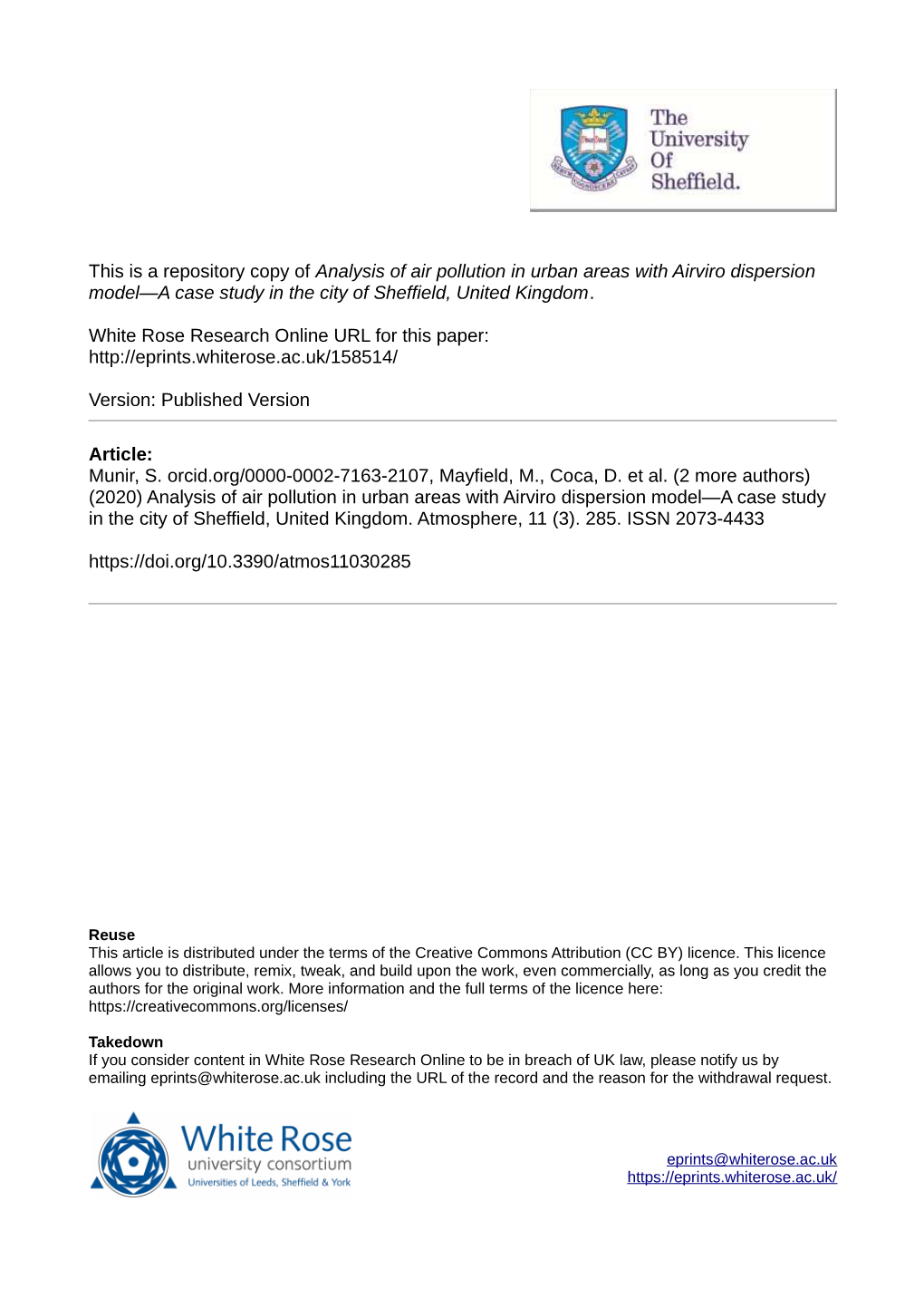 Analysis of Air Pollution in Urban Areas with Airviro Dispersion Model—A Case Study in the City of Sheffield, United Kingdom