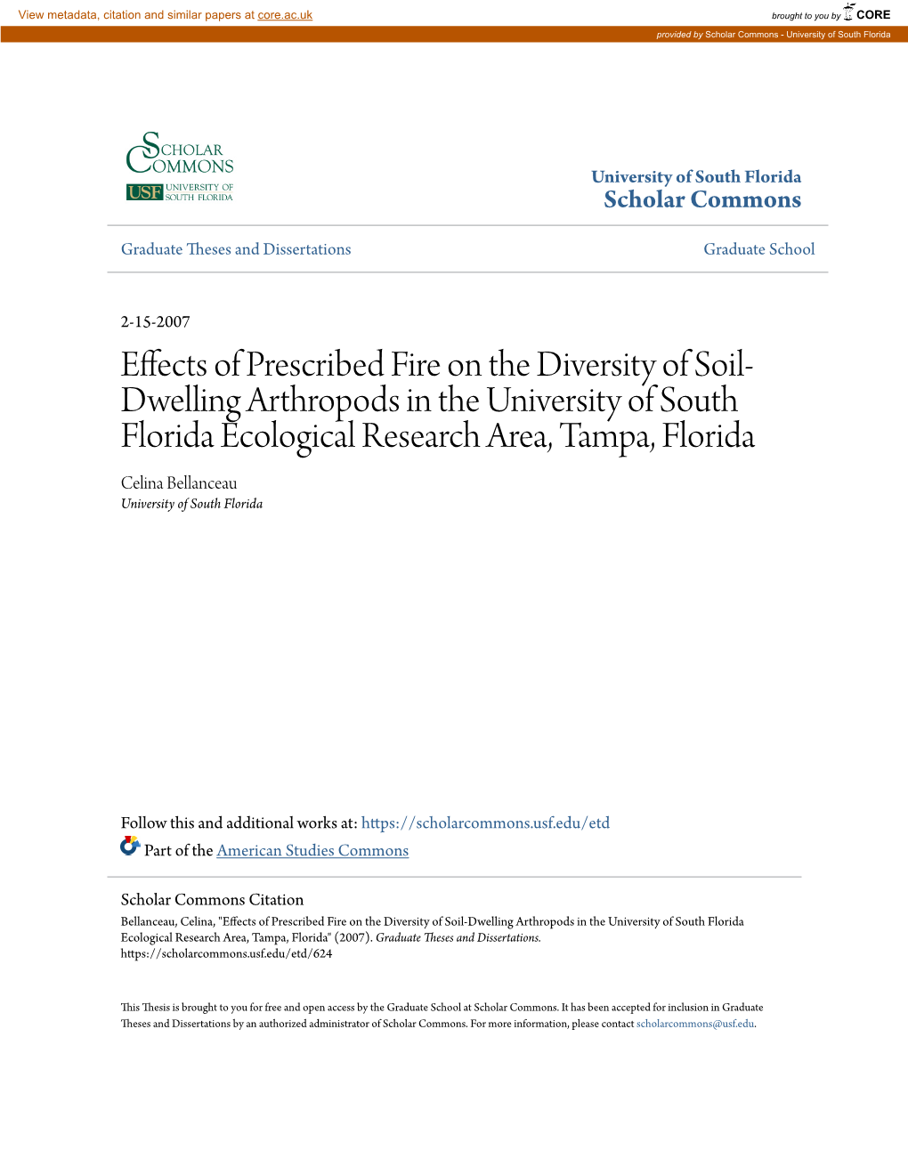 Effects of Prescribed Fire on the Diversity of Soil-Dwelling Arthropods in the University of South Florida Ecological Research Area, Tampa, Florida