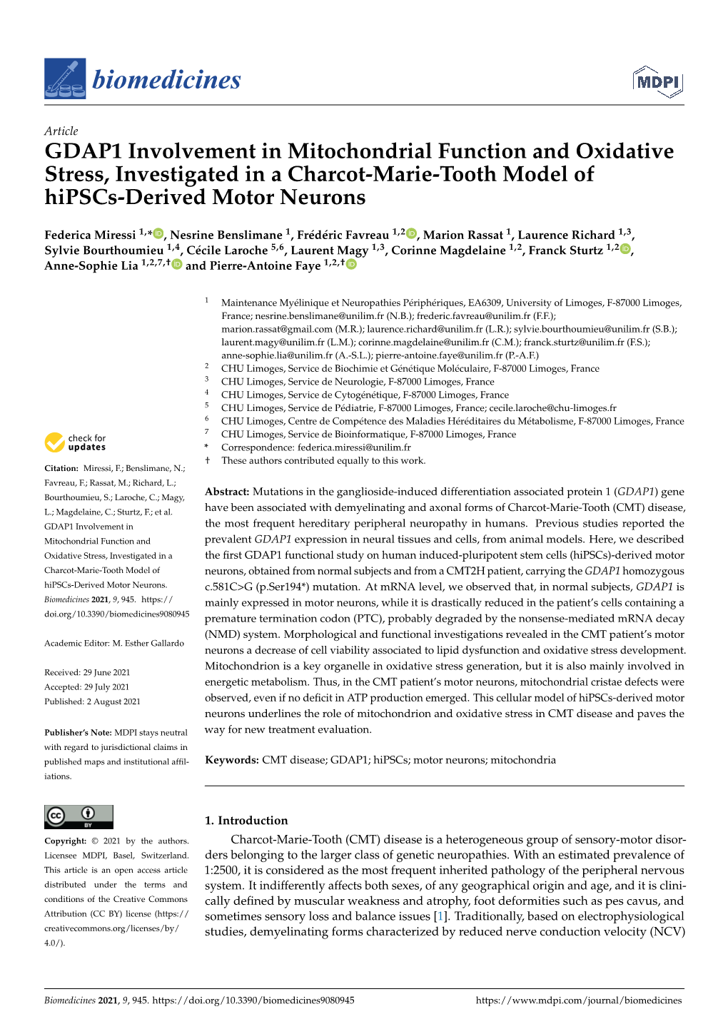 GDAP1 Involvement in Mitochondrial Function and Oxidative Stress, Investigated in a Charcot-Marie-Tooth Model of Hipscs-Derived Motor Neurons