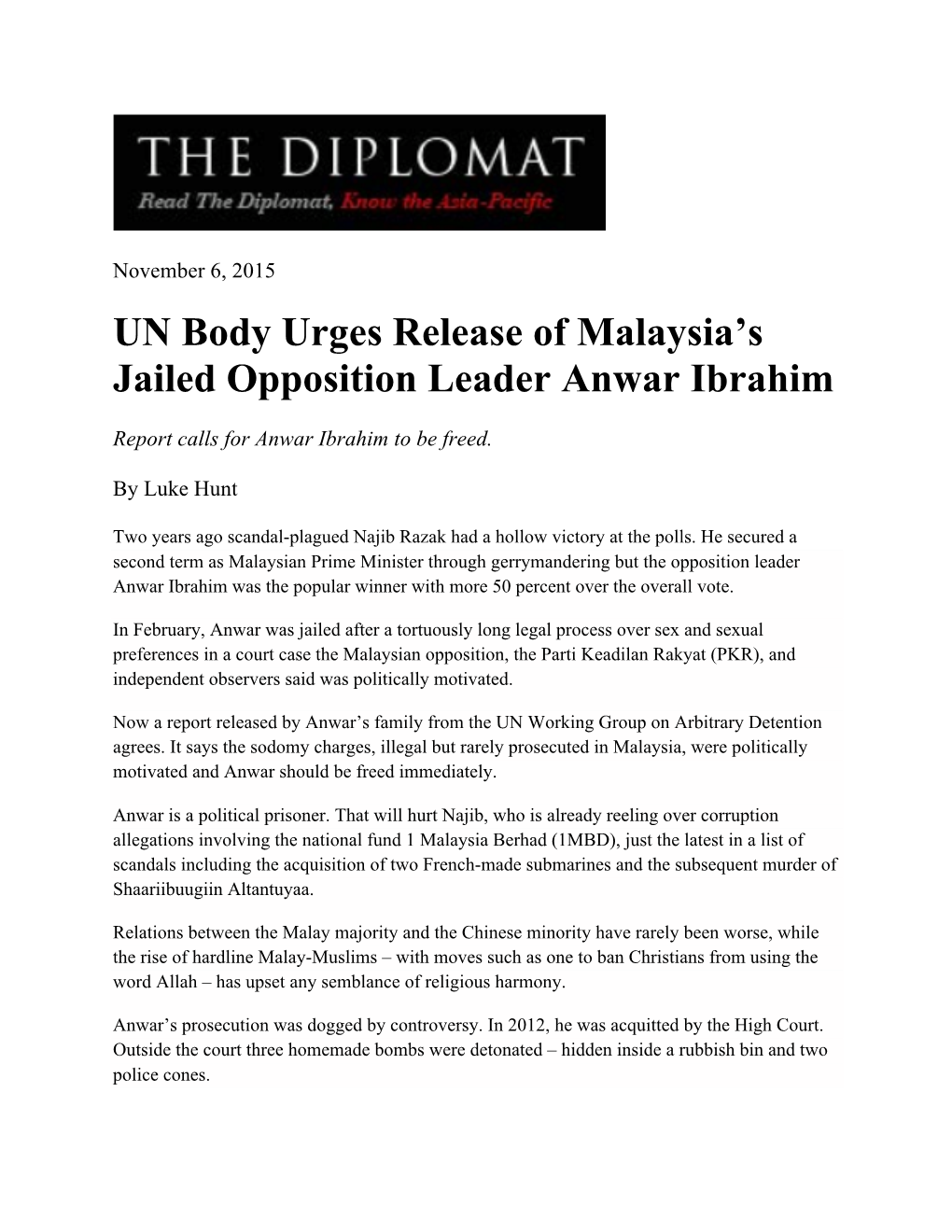 UN Body Urges Release of Malaysia's Jailed Opposition Leader Anwar