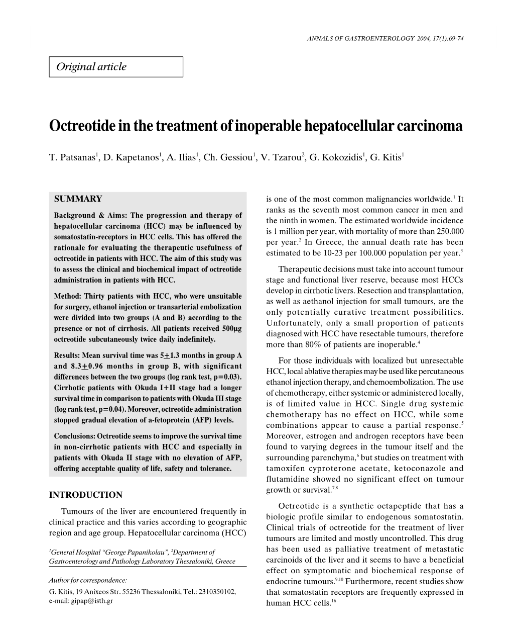 Octreotide in the Treatment of Inoperable Hepatocellular Carcinoma