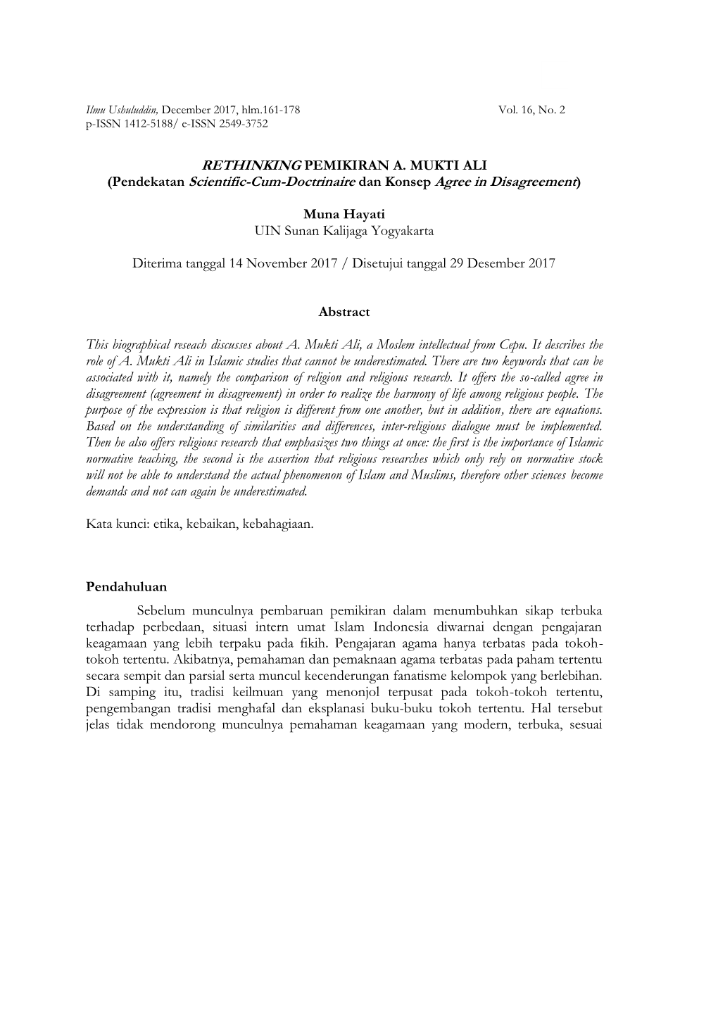 RETHINKING PEMIKIRAN A. MUKTI ALI (Pendekatan Scientific-Cum-Doctrinaire Dan Konsep Agree in Disagreement)