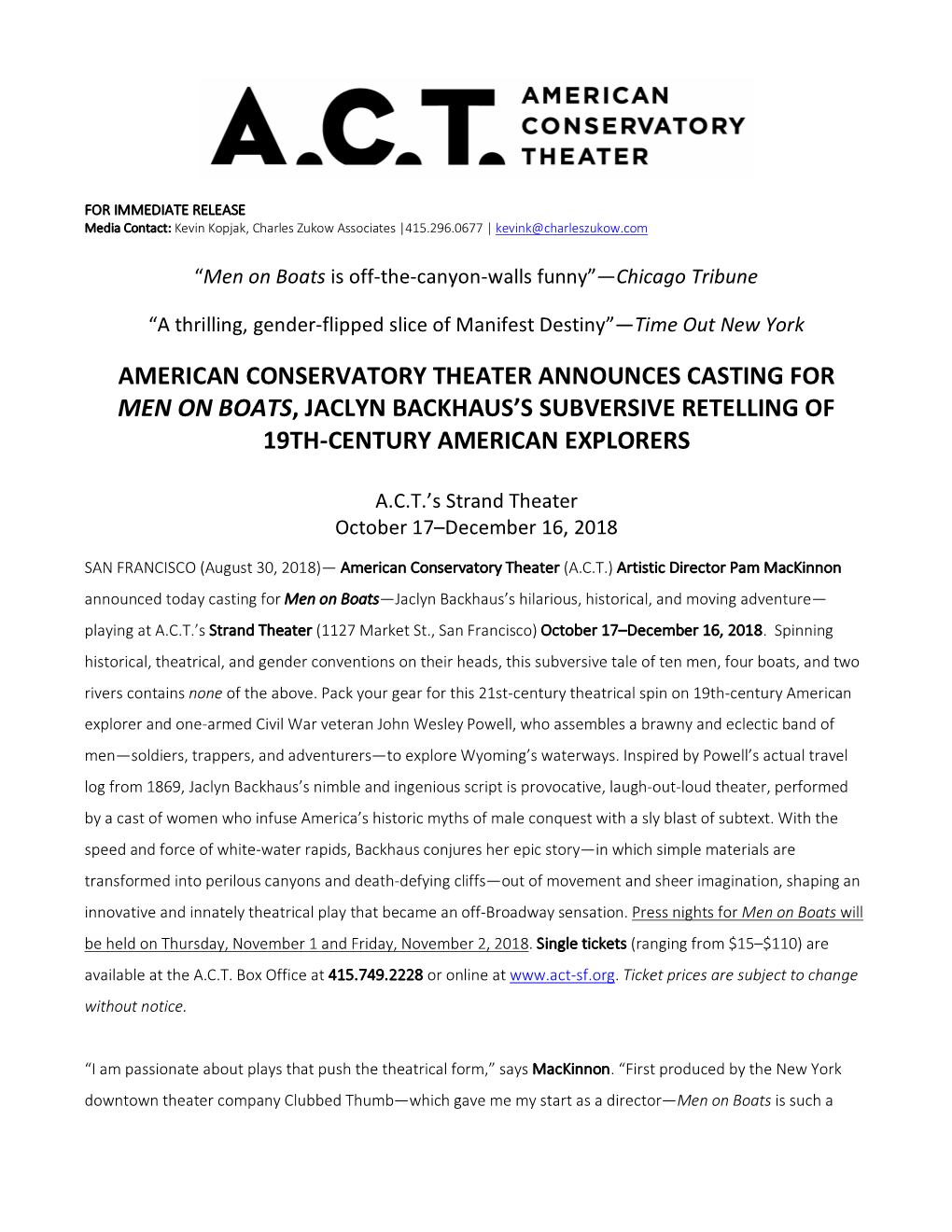American Conservatory Theater Announces Casting for Men on Boats, Jaclyn Backhaus’S Subversive Retelling of 19Th-Century American Explorers