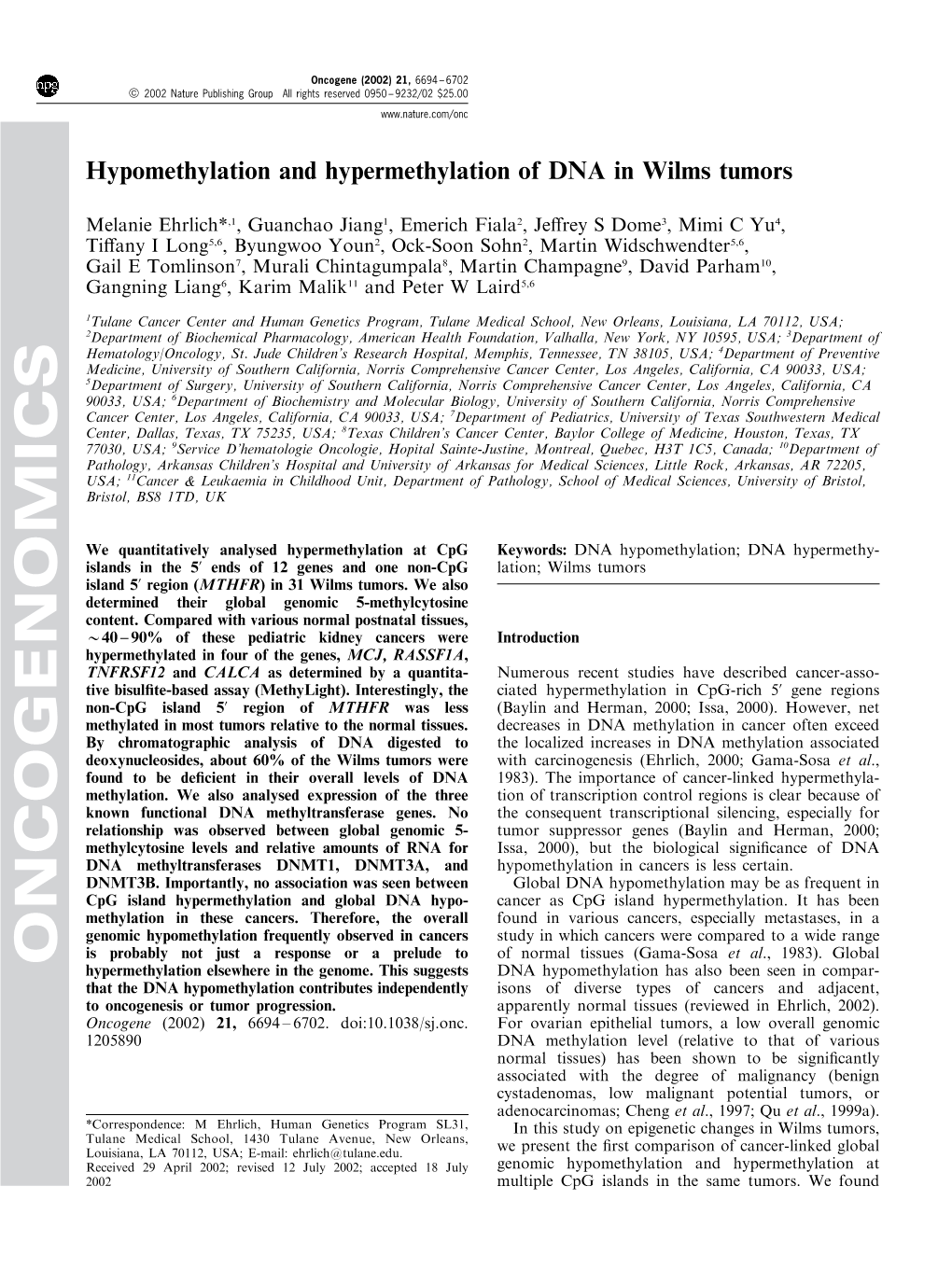 Hypomethylation and Hypermethylation of DNA in Wilms Tumors