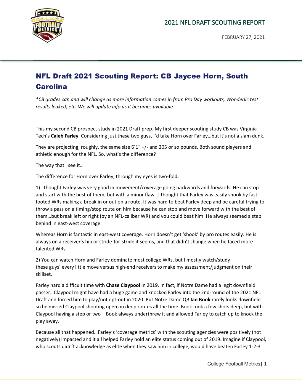 NFL Draft 2021 Scouting Report: CB Jaycee Horn, South Carolina
